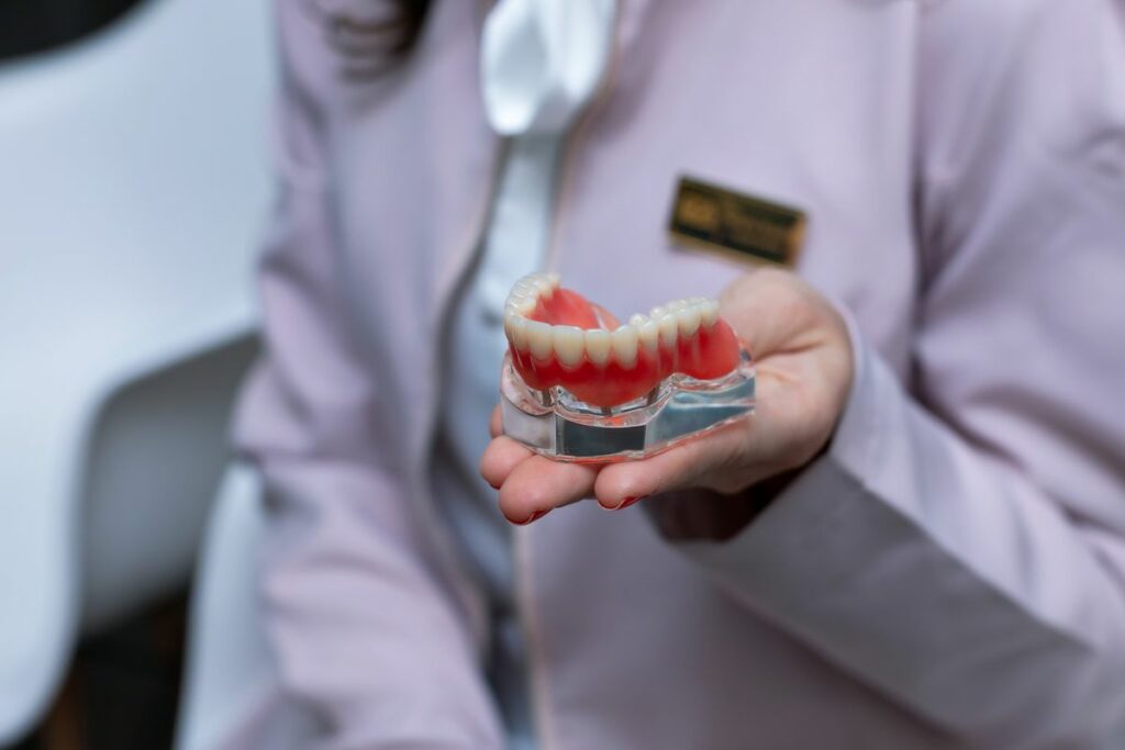 dentist-holding-dental-model-in-clinic